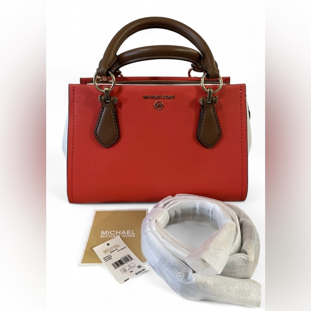 NWOT Michael Kors Marilyn Small Leather Crossbody Colorblock Spiced Coral